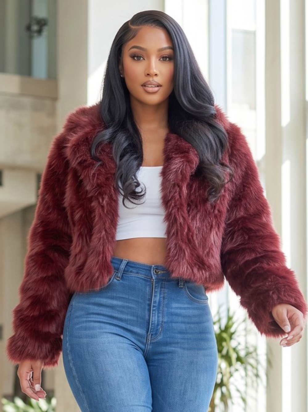 Women’s Faux Fur Cropped Jacket - Burgundy J-78200